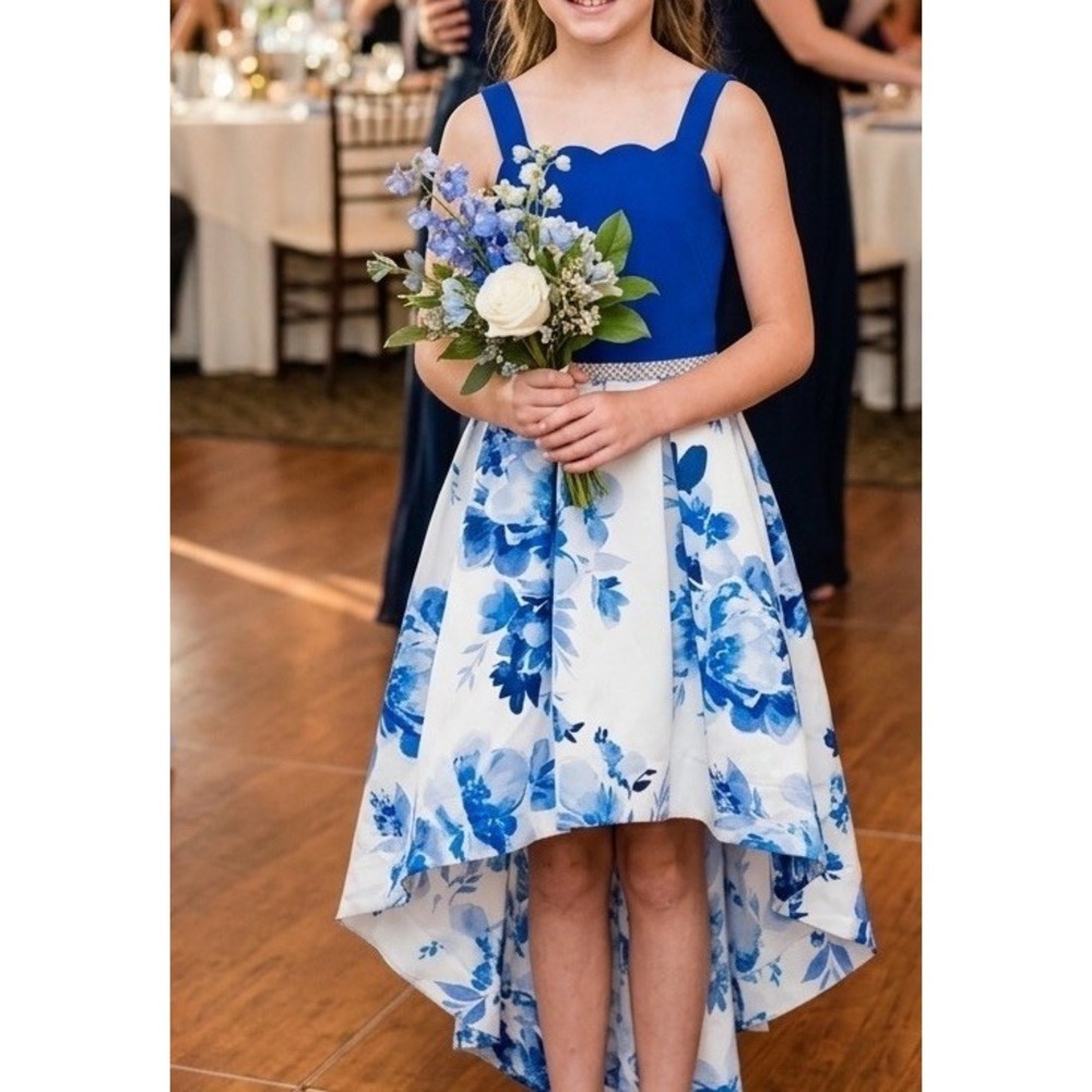 Xtraordinary Sz 10 Girls Formal Dress Blue & Wh  Roses Rhinestones Hi Low Belle